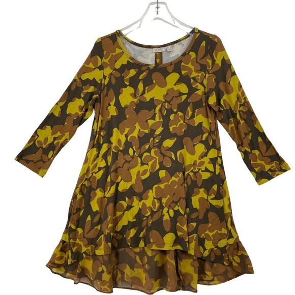 LOGO by Lori Goldstein Tunic Blouse Womens Size S Yellow Brown Ruffle Hem - Picture 1 of 11